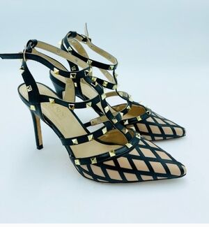 Catherine Malandrino Rock stud Caged Faux Leather Multi Strap ankle Heels Size 9